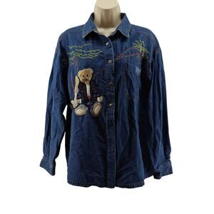 Vintage Together Denim Shirt Teddy Bear Applique Button Front Shirt Women Medium